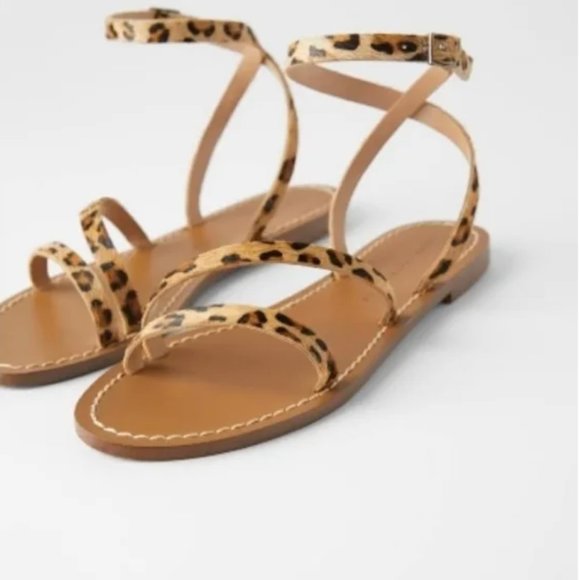 Zara Leopard / Cheetah Calf / Pony Hair Leather Ankle Strap Flat Sandal Size 8